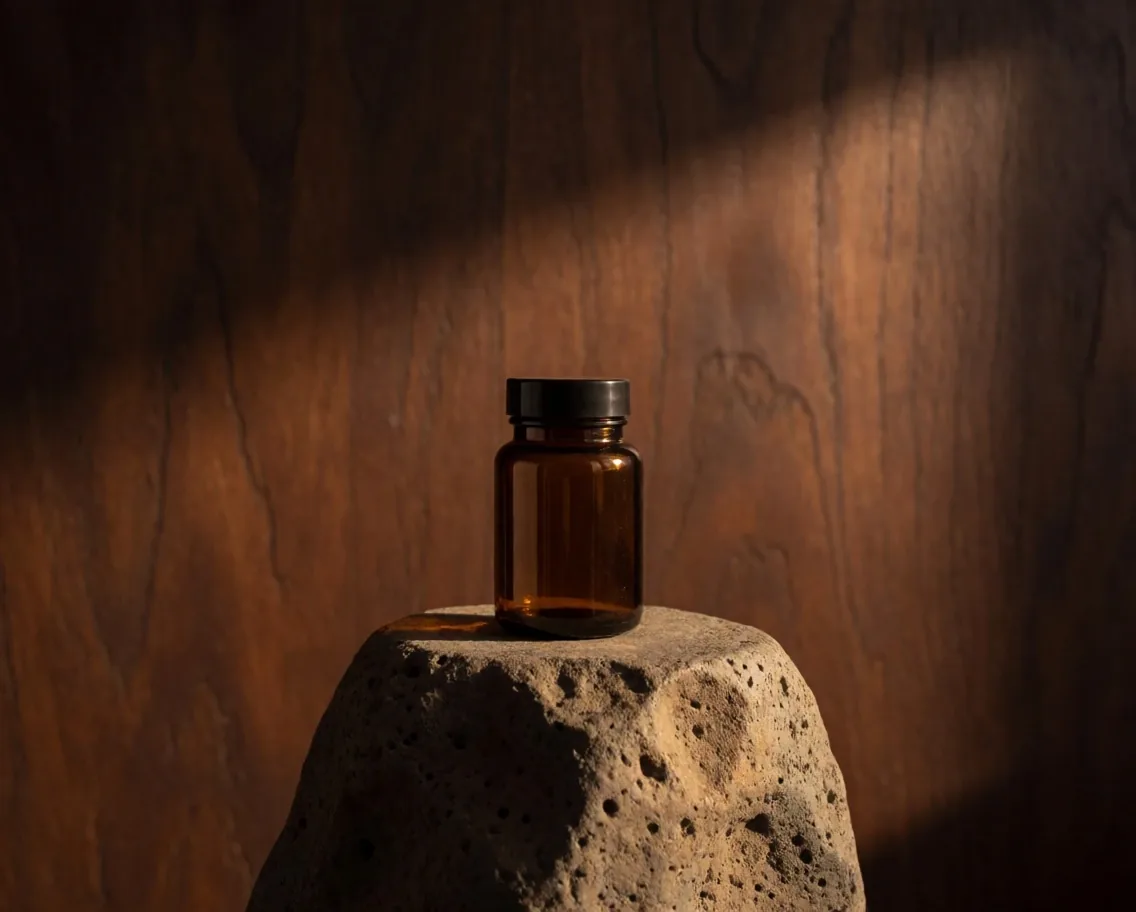 Amber supplement bottle on a warm-lit pedestal