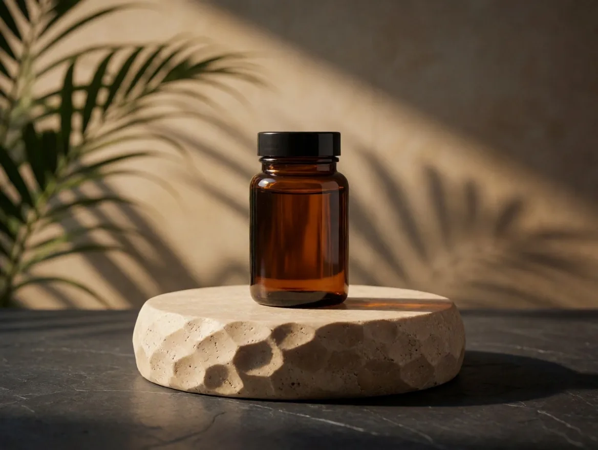 Amber glass bottle of daily essential vitamins on a warm-lit pedestal