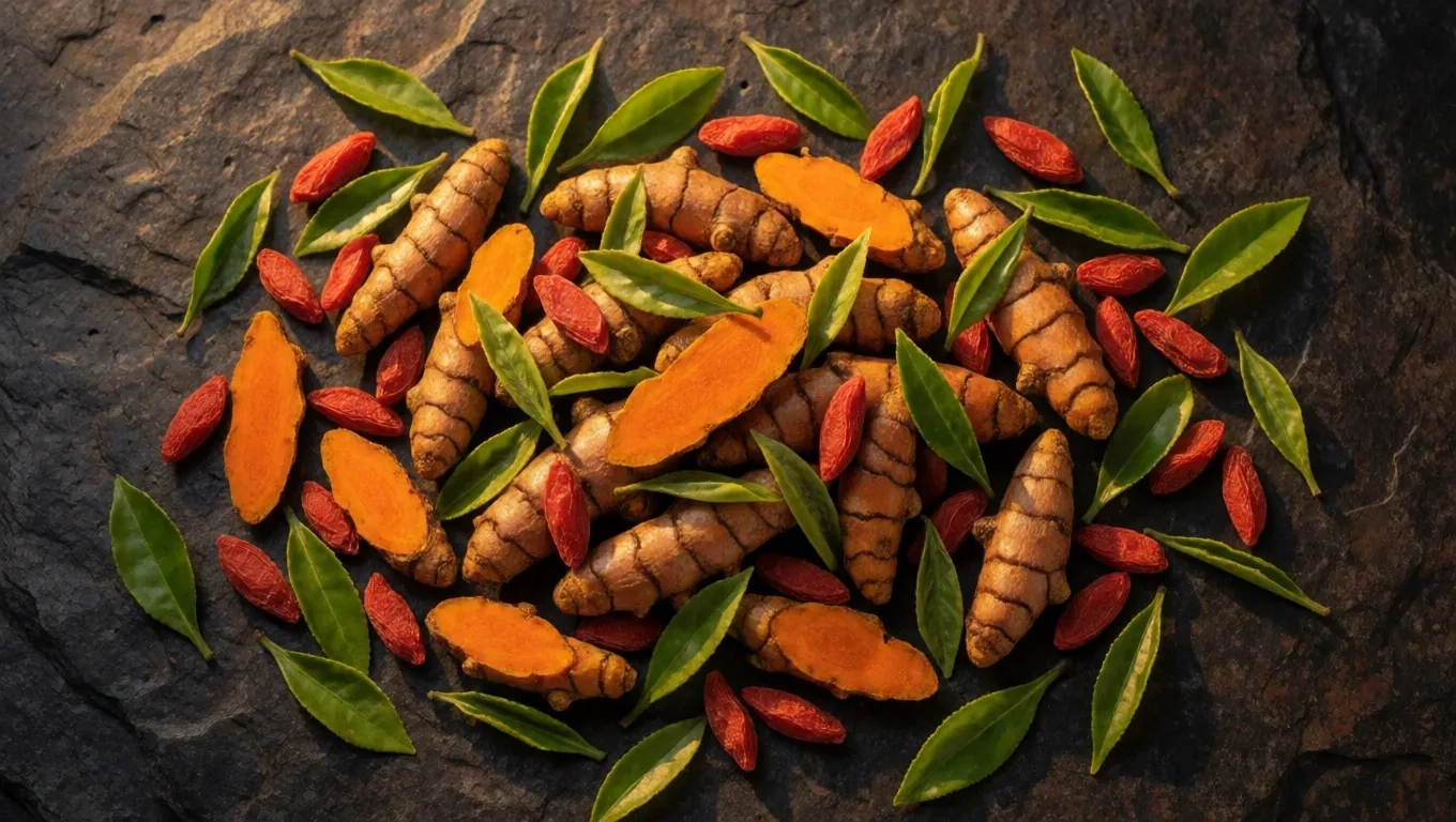 Botanical antioxidant sources arranged on dark surface
