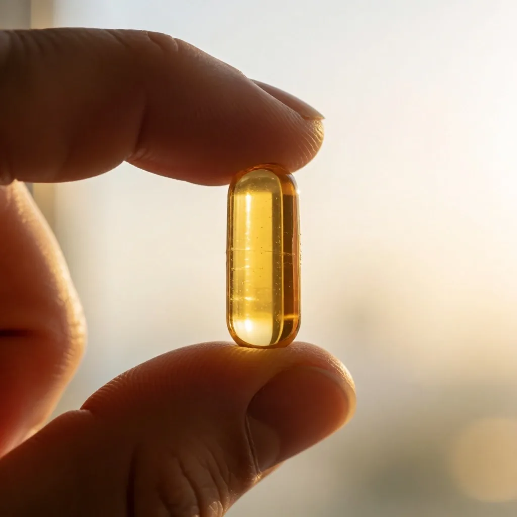 Golden gel capsule with B-complex vitamins on warm paper