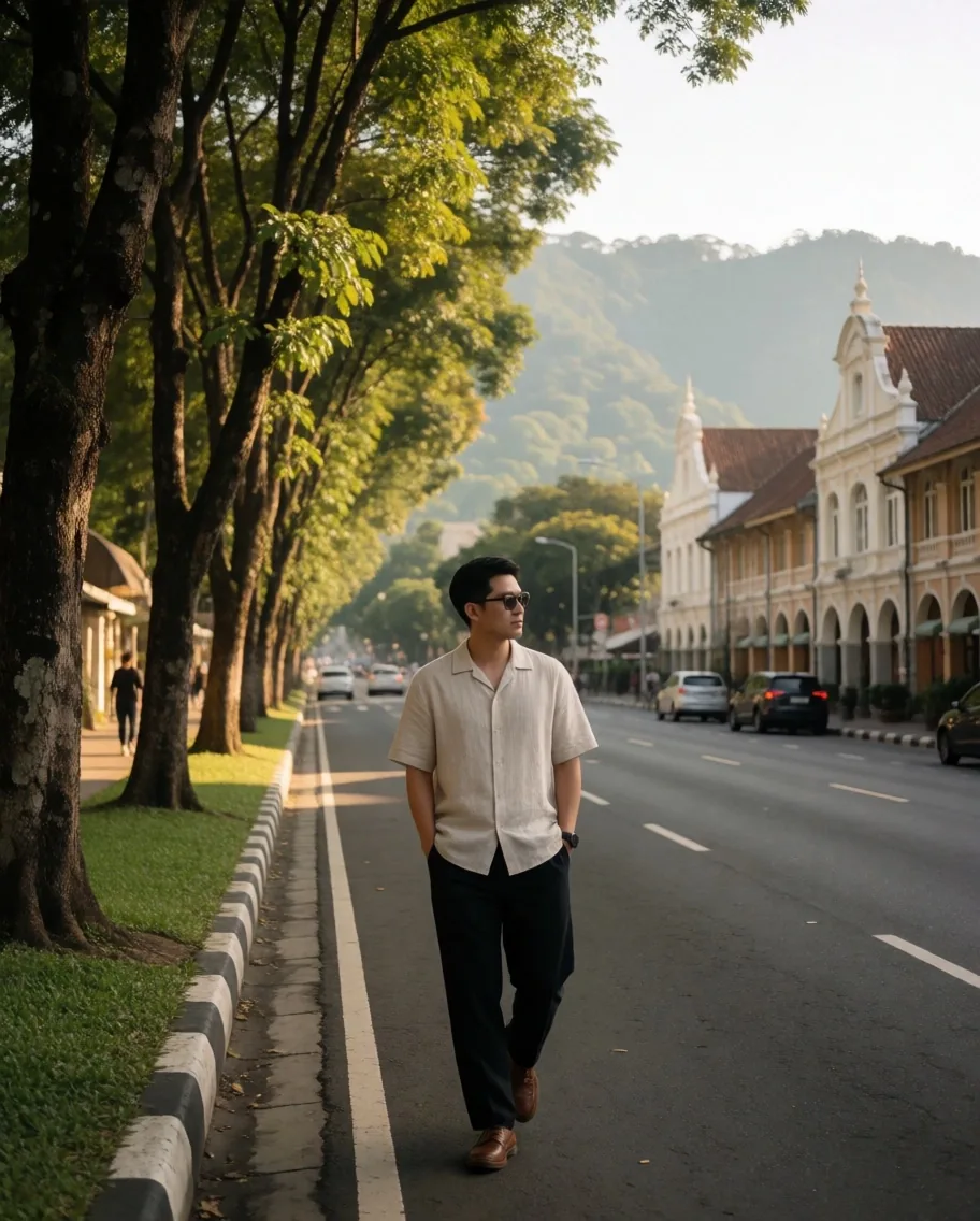 Professional man walking on a Bandung street in warm afternoon light