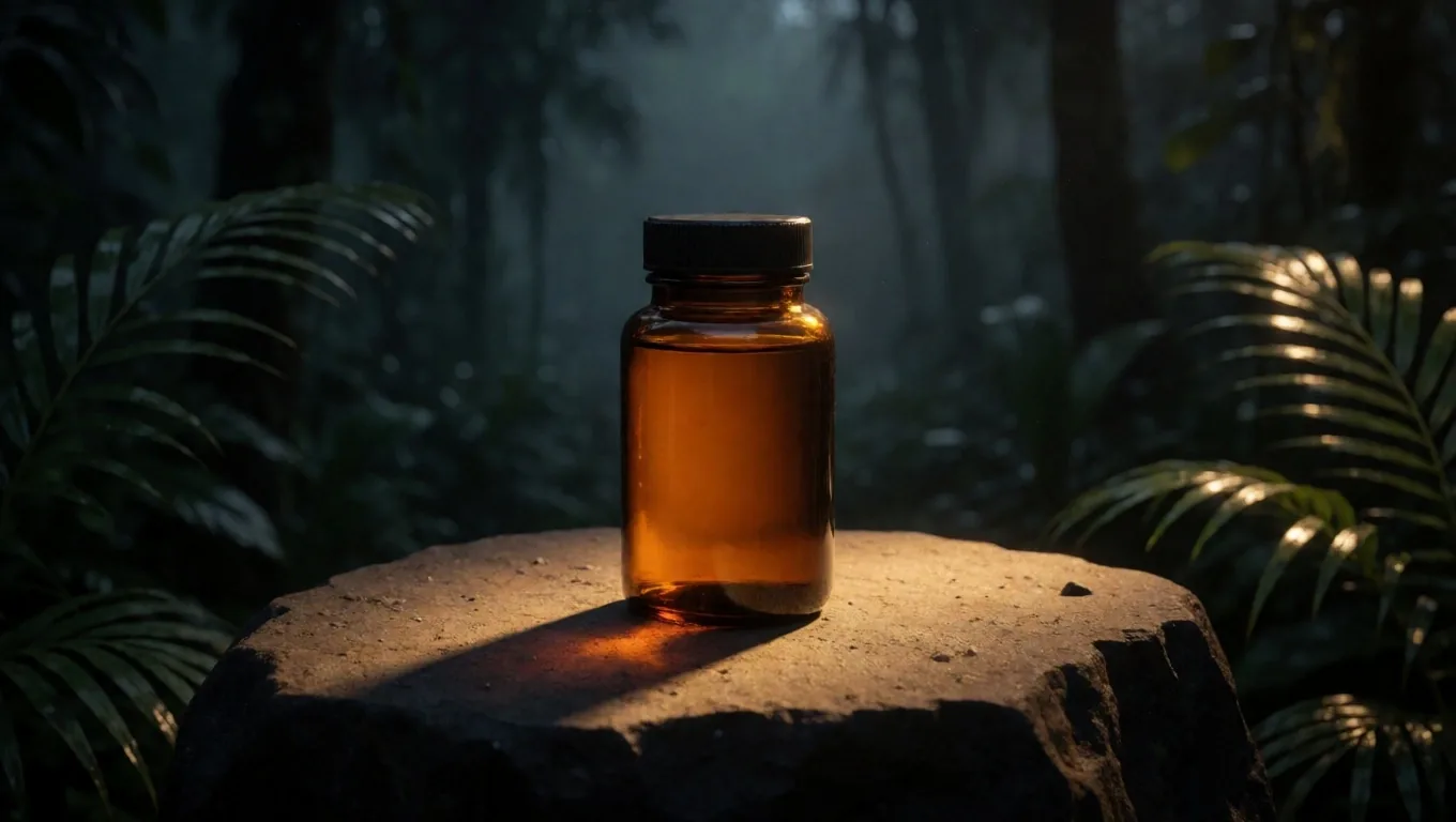 Amber supplement bottle on a lit pedestal stage