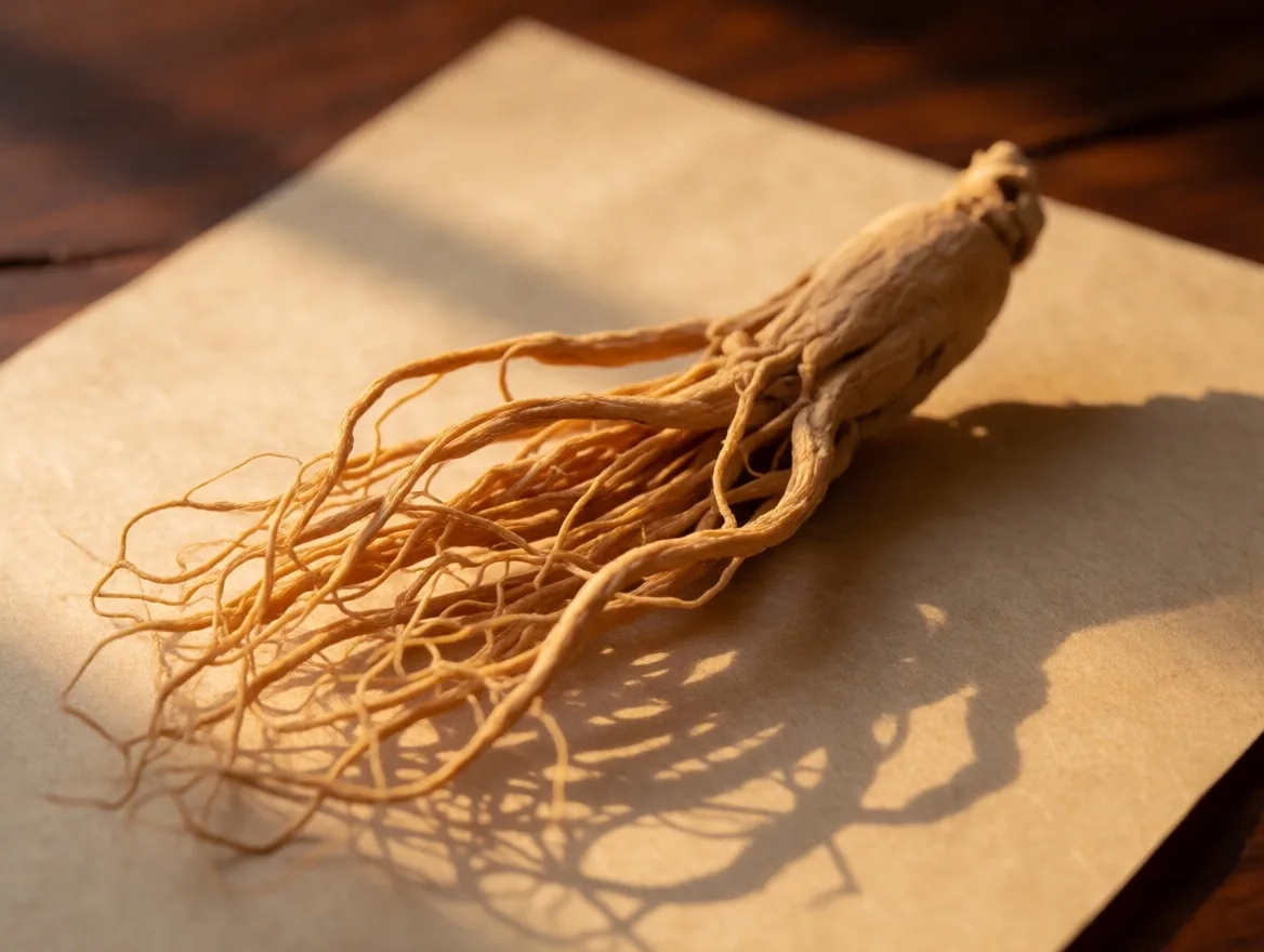 Dried ginseng root specimen on warm paper