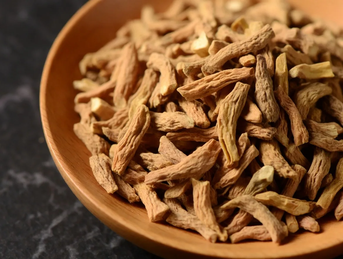 Dried Rhodiola root pieces on warm paper