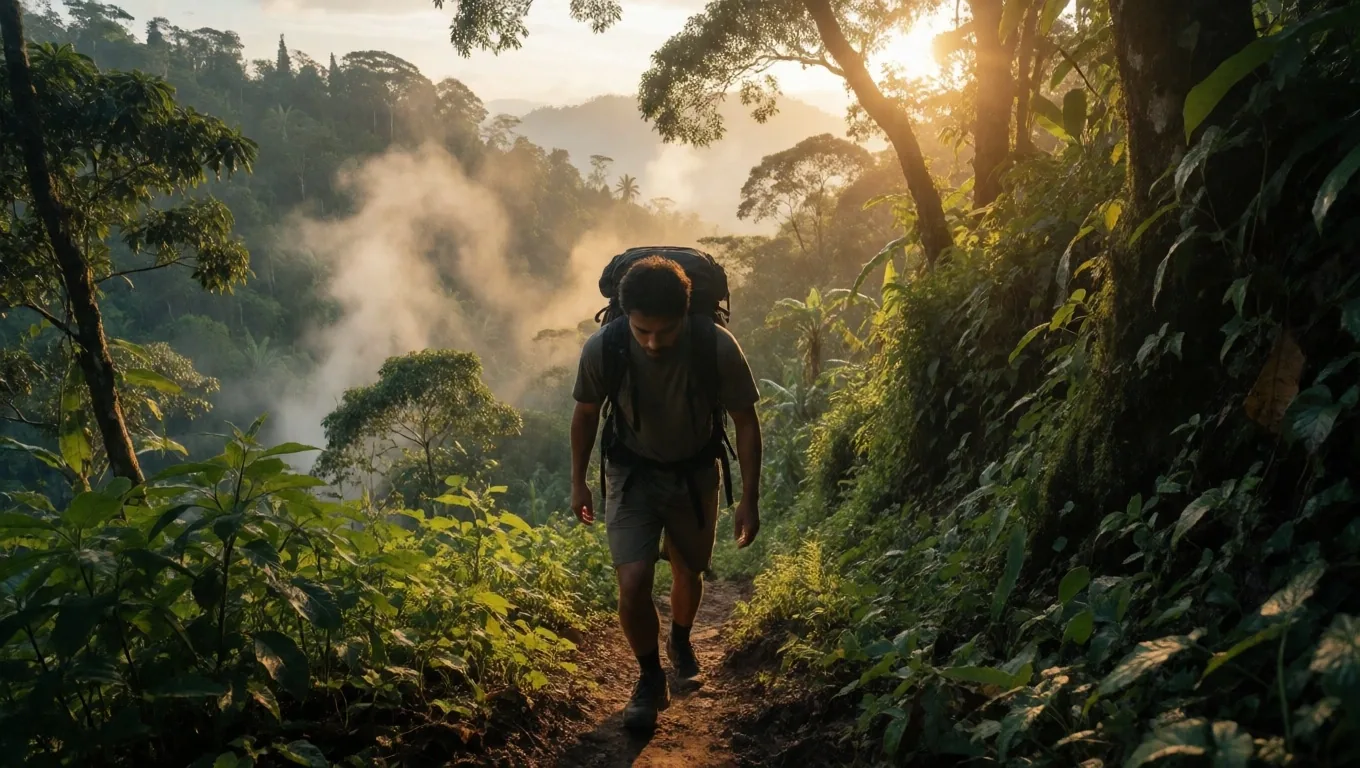 Man hiking a tropical mountain trail in West Java at golden hour