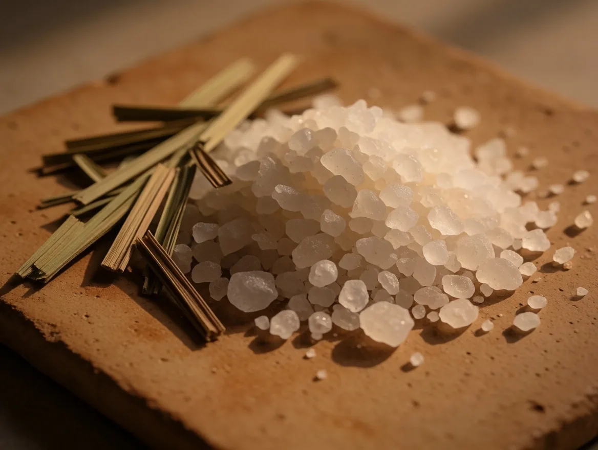 Mineral salt crystals and botanical leaves on warm paper