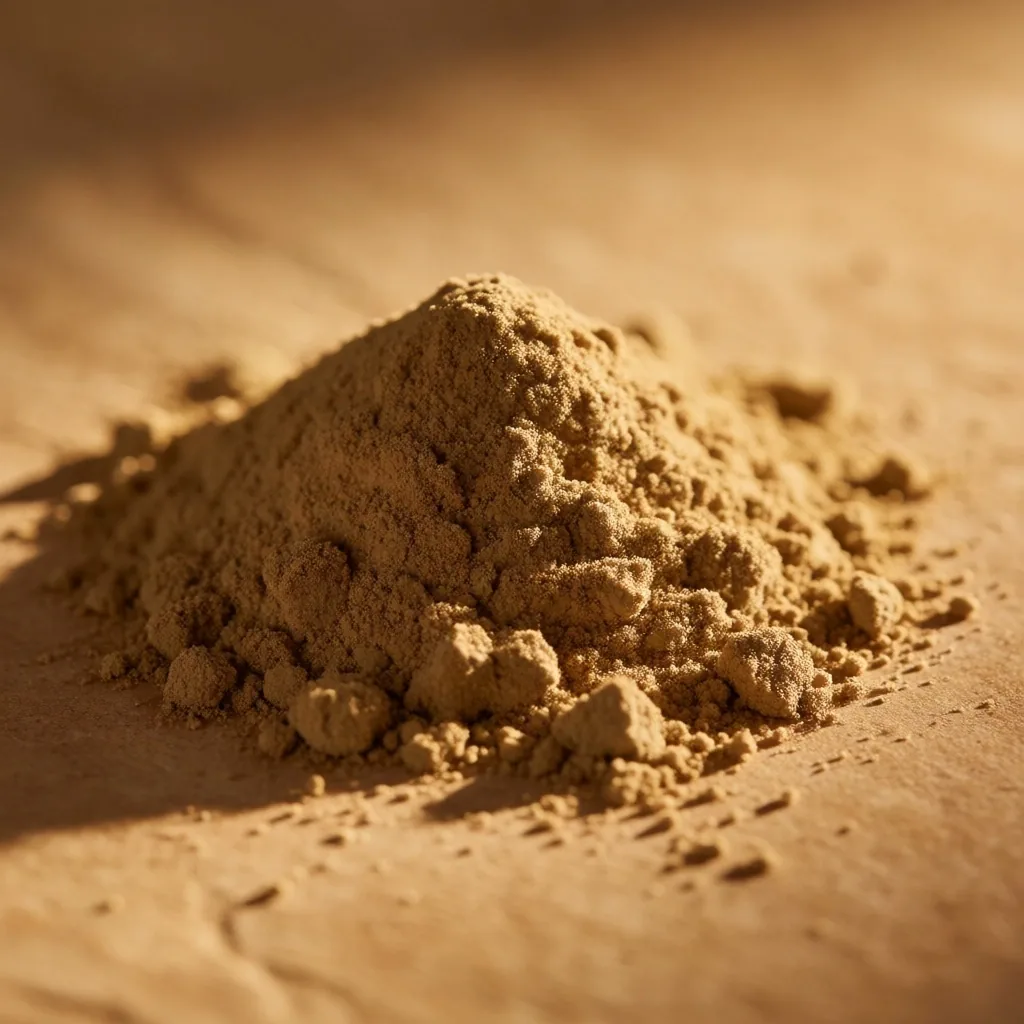 Open capsule with botanical powder on warm paper