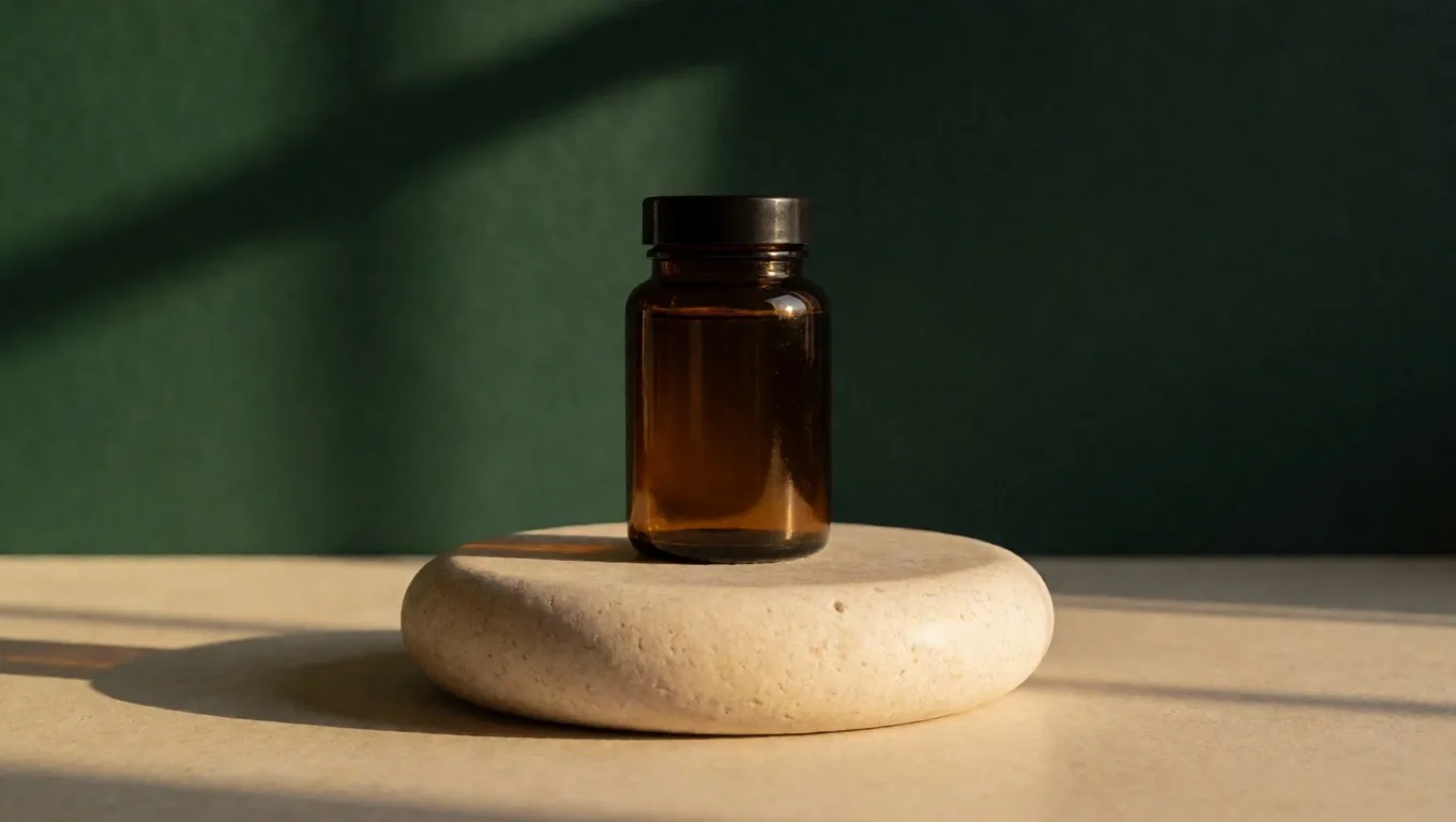 Amber supplement bottle staged on a warm-lit pedestal