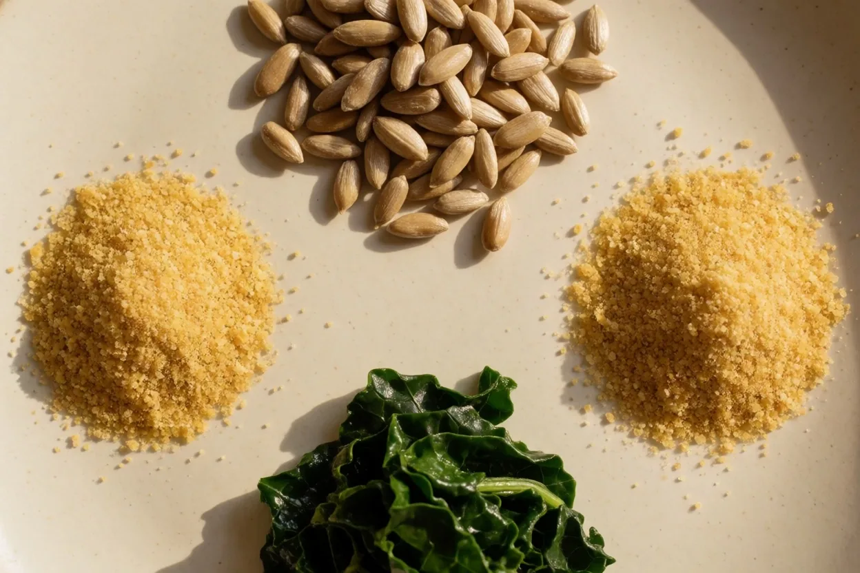 B-complex vitamin rich foods on a cream surface