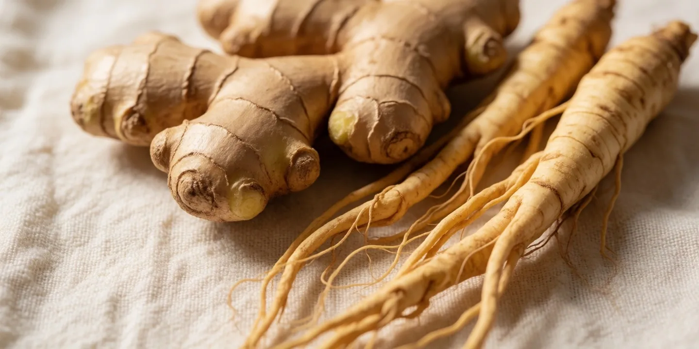 Fresh ginger and ginseng roots on a warm linen surface