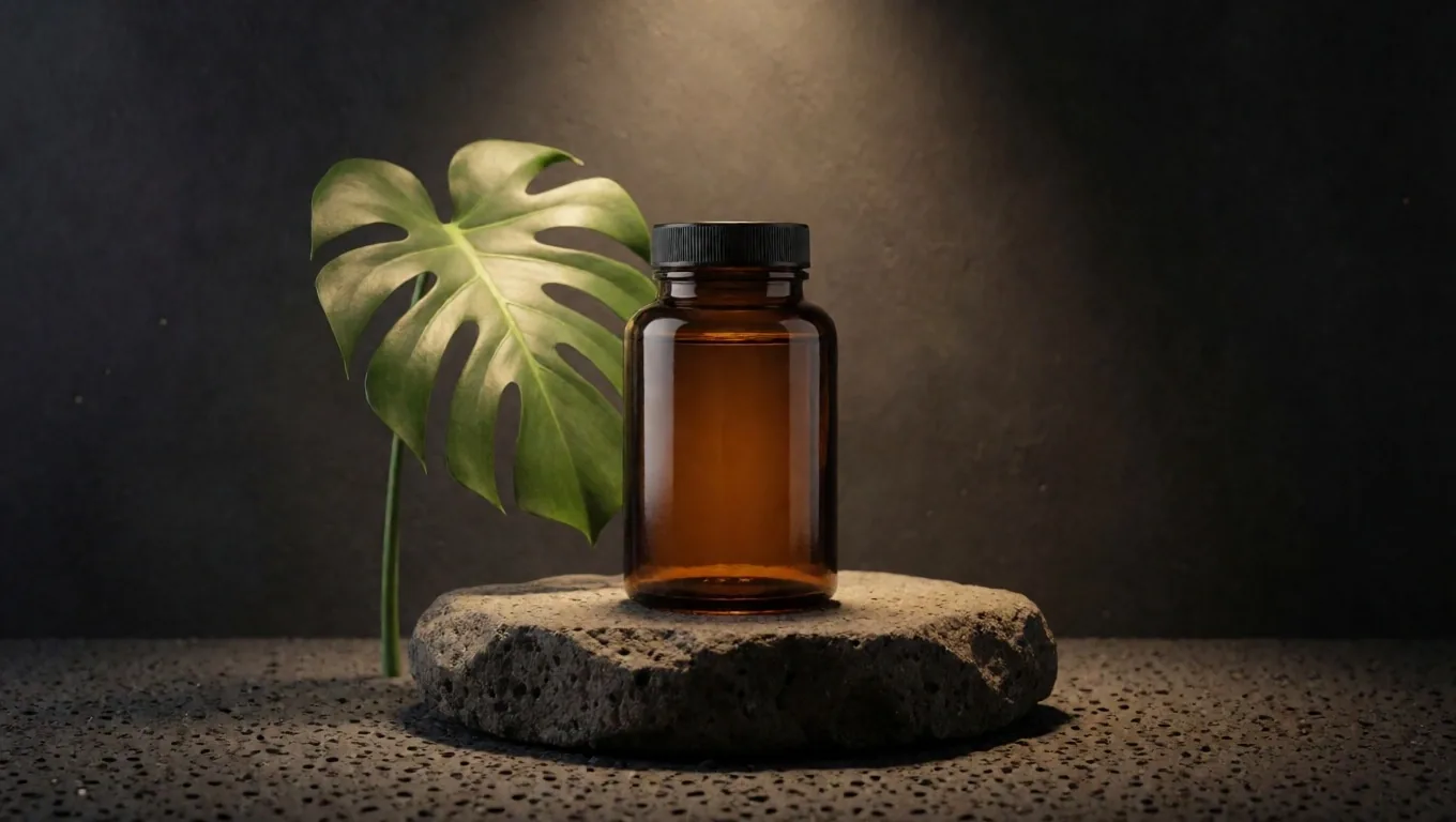 Amber glass supplement bottle on a lit pedestal