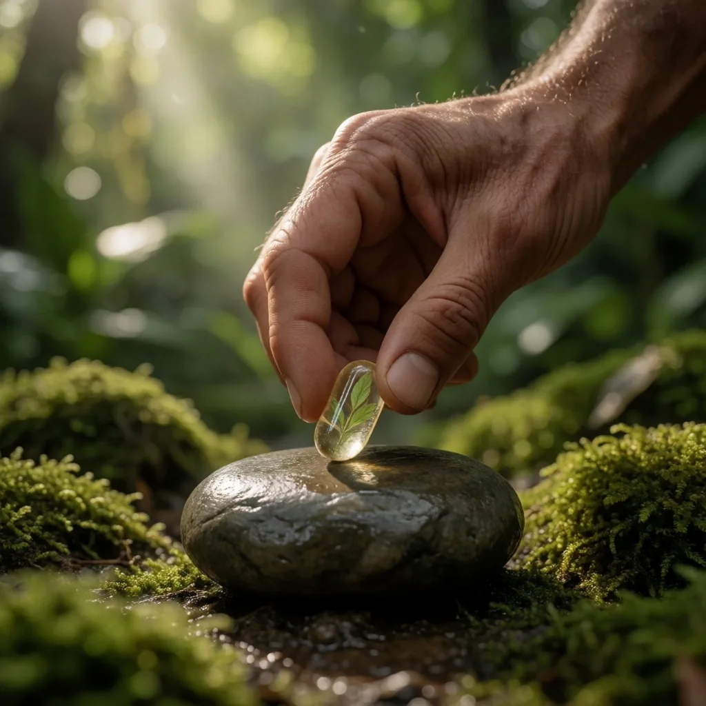 Botanical capsule on a river stone in warm light