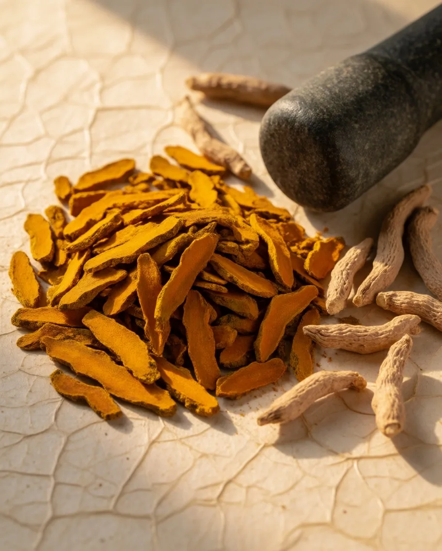 Botanical herbs and roots on a warm surface