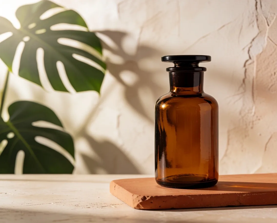 Amber supplement bottle staged on a warm pedestal