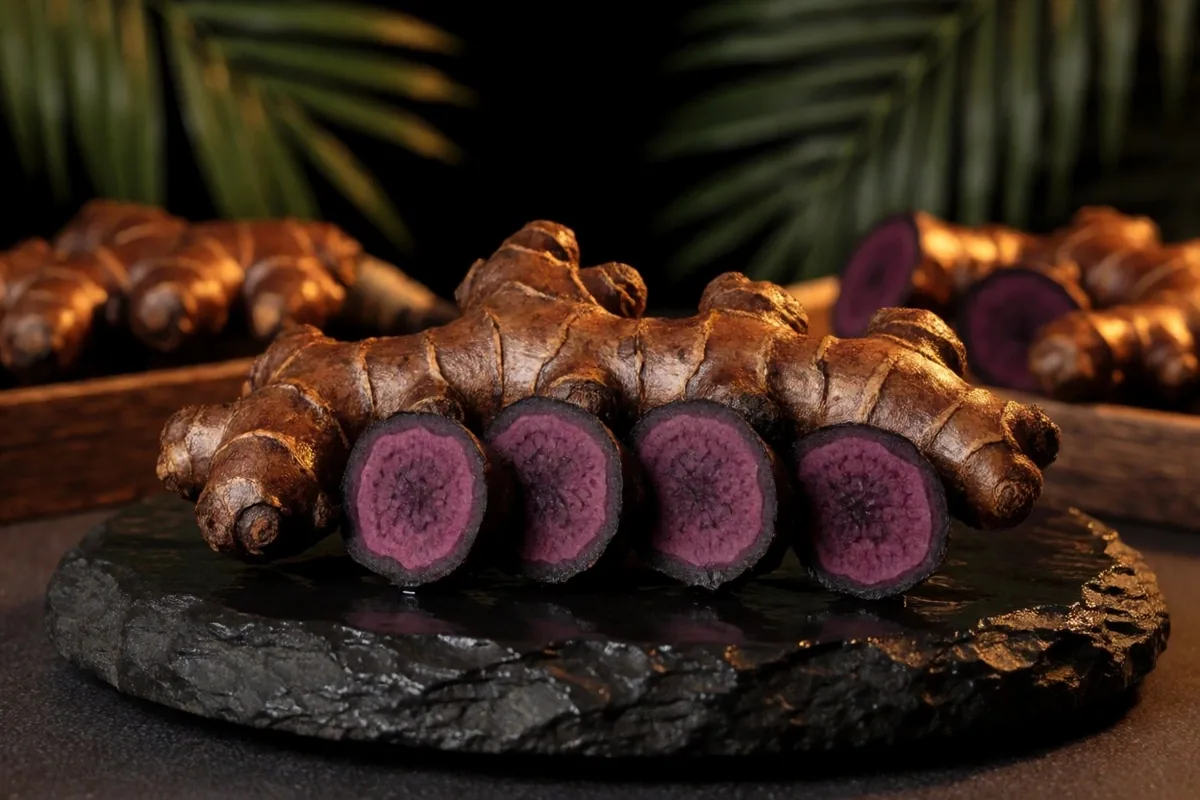 Fresh black ginger root specimen