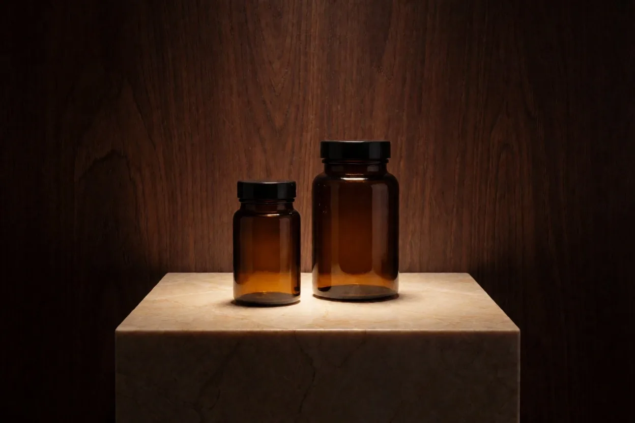 Two amber supplement bottles staged on a lit pedestal