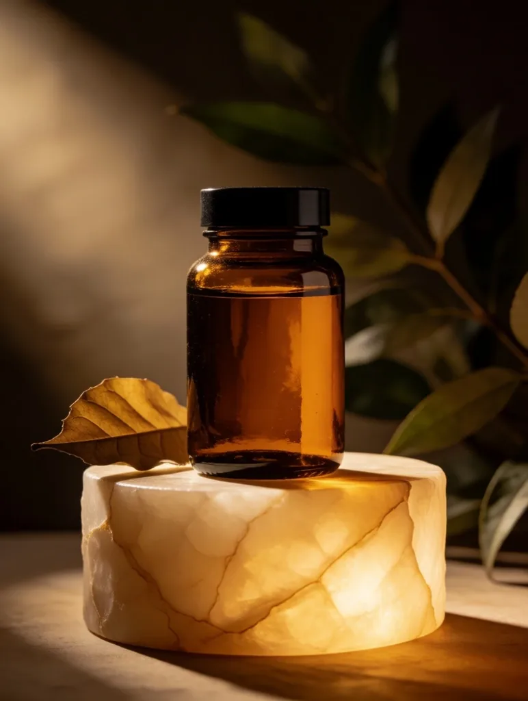 An amber glass supplement bottle staged on a warm-lit pedestal, photographed as a botanical specimen.